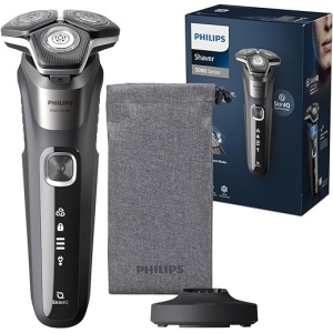 Afeitadora Eléctrica para Hombre Philips Serie 5000 con Cortapatillas, Tecnología SkinIQ, Inalámbrica, Recargable, Base de Carga y Funda, Color Negro Metálico, Modelo S5887/13