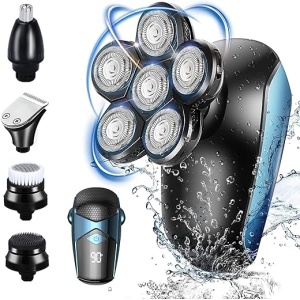 Afeitadora Eléctrica para Hombres 5 en 1 con 6 Cabezales Giratorios, Uso en Seco y Húmedo, Recargable por USB en Color Azul