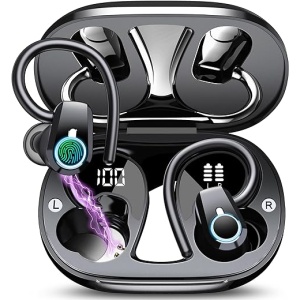 Auriculares deportivos OYIB inalámbricos, 50H de duración Bluetooth 5.3 HiFi Estéreo con llamada clara, ganchos ajustables, pantalla LED y resistencia al agua IPX7