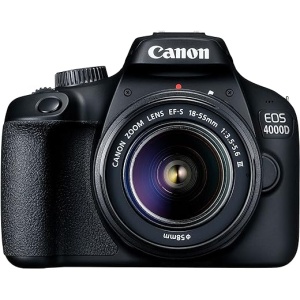 Cámara Canon EOS 4000D de 18 MP con sensor CMOS APS-C, en color negro y kit con lente EF-S 18-55mm III, función de 9 puntos de enfoque automático y filtros creativos