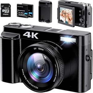 Cámara de Fotos 4K con Tarjeta de 32GB, Cámara Digital Compacta de 48MP 1080P con Enfoque Automático, Lente UV, Flash, Pantalla Abatible de 3" 180° y Zoom Digital de 16X para Niños