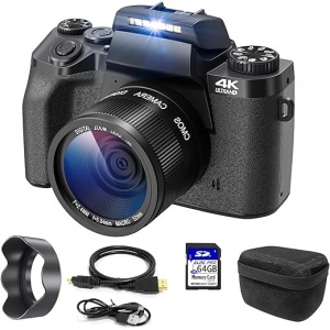 Cámara de Fotos Compacta con Pantalla Táctil de 3.0" y Zoom Digital 16X, Resolución 4K de 64MP, Conectividad WiFi, Incluye Bolsa, Capucha y Tarjeta TF de 32GB, en Color Negro