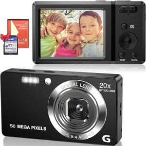 Cámara de Fotos Compacta Digital de 56MP 2160P HD con 20X de Zoom Digital, Pantalla LCD de 2,7", Portátil y Compacta con Tarjeta de 32GB, Recargable, Ideal para Niños,...