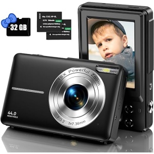 Cámara de Fotos Digital Compacta HD 1080P de 44MP con Zoom Digital de 16x, Tarjeta de Memoria Micro 32G y 2 Pilas, Ideal para Niños y Principiantes en Negro