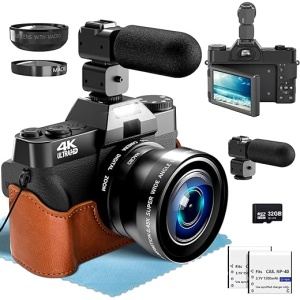 Cámara Digital 4K con Pantalla de 3.5" Giratoria a 180°, Zoom Digital 18X, Lente Gran Angular y Macro, Función WiFi, en Color Negro con Tarjeta de 32GB