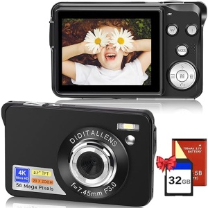 Cámara Digital Compacta 4K HD de 56MP con Tarjeta de 32GB, Zoom Digital de 20X, Pantalla de 2,7 Pulgadas y Batería Recargable, Portátil para Niños y Adultos Principiantes (Color...