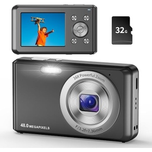 Camara Digital Compacta HD 1080P con Tarjeta de Memoria de 32GB, Cámara de 48 Megapixeles, Pantalla LCD de 2.4 Pulgadas, Zoom Digital de 16x, Ideal para Niños, Niñas y...