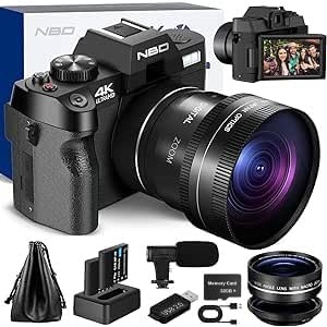 Camara Digital NBD 4K 48MP con Enfoque Automático, Zoom Digital 16X, Pantalla Abatible de 3.0 Pulgadas Giratoria 180°, Lente Gran Angular y Macro, Tarjeta de Memoria