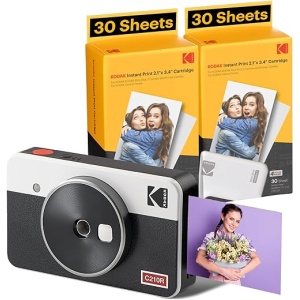 Cámara e impresora de fotos KODAK Mini Shot 2 Retro 4PASS 2-en-1 con papel fotográfico de 5,3x8,6cm, en blanco y pack con 68 hojas