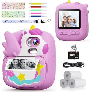 Cámara Infantil Instantánea CAMCLID, 2,4’’ HD 1080P con Tarjeta SD de 32G y Papel Fotográfico de Impresión, para Niños y Niñas de 3 a 12 años (color violeta)