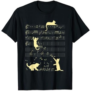 Camiseta amarilla con arte musical de notas de música de gatos lindos