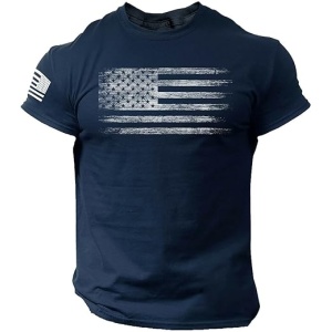 Camiseta de hombre con manga corta ajustada, estampado de bandera americana desgastada, cuello redondo, ideal para el gimnasio y culturistas
