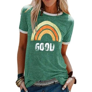Camiseta de manga corta para mujer con cuello redondo y estampado de arco iris, ideal para adolescentes y niñas, con diseño cristiano, perfecta para el verano