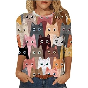 Camiseta de Manga Larga Mujer con Estampado de Gato de Moda - Blusa de Cuello Redondo, Suelta y Original para la Primavera y el Otoño