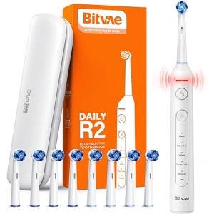 Cepillo De Dientes Eléctrico Giratorio Bitvae R2 para Adultos, Recargable con 8 Cabezales, Estuche de Viaje, 5 Modos de Cepillado y Sensor de Presión - Color Blanco