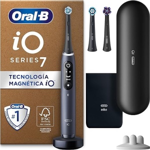 Cepillo de Dientes Eléctrico Oral-B iO 7N con Mango Recargable, 3 Cabezales y Estuche de Viaje, Diseño de Braun, Regalo Original para Hombres y Mujeres - Negro