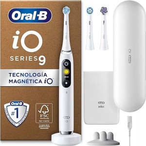 Cepillo de Dientes Eléctrico Oral-B iO 9 con Mango Recargable, 3 Cabezales y Estuche de Viaje con Cargador, Diseñado por Braun, Regalo Ideal para Hombres y Mujeres - Color Blanco