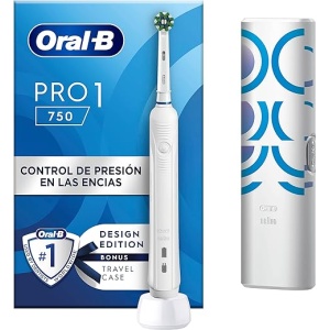 Cepillo de Dientes Eléctrico Oral-B Pro 1 750 con Mango Recargable, Cabezal y Estuche de Viaje, Blanco, Diseñado por Braun