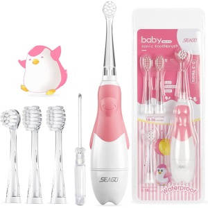 Cepillo de Dientes Eléctrico Seago SG-513 para Niños y Bebés de 0 a 3 Años con Luces LED, Temporizador Inteligente de 2 Minutos, 4 Cabezales Intercambiables, Resistente al Agua...