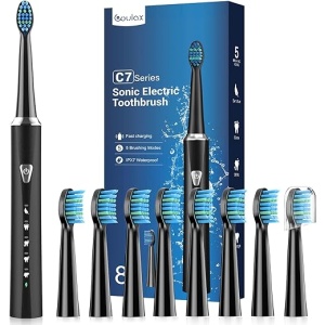 Cepillo de Dientes Eléctrico Sónico para Adultos y Niños - Incluye 8 Cabezales, 5 Modos, Resistente al Agua IPX7, Tecnología Ultrasónica, Color Negro Intenso