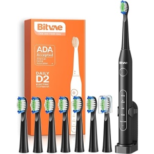 Cepillo de Dientes Eléctrico Ultrasónico Bitvae D2 para Adultos y Niños, Recargable con 8 Cabezales y 5 Modos, Color Negro