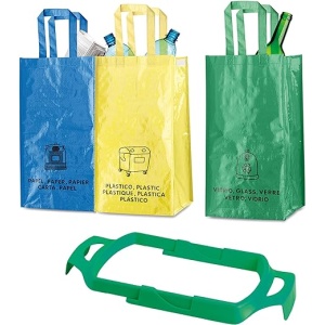Conjunto de 3 Bolsas de Reciclaje Duraderas y Resistentes, Fáciles de Limpiar y Transportar. Incluye un Soporte Ajustable para Bolsas de Basura