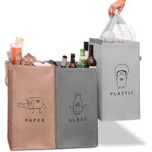 Conjunto de 3 Bolsas de Reciclaje Norggo - Cubos de Basura de 40L de Gran Capacidad para Clasificar Papel, Plástico y Vidrio - Bolsas Ecológicas para el Cuidado del Medio Ambiente