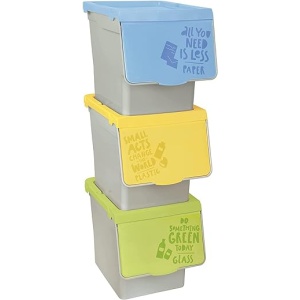 Conjunto de 3 Cubos de Basura de Reciclaje TIENDA EURASIA para Cocina, Capacidad de 30 Litros por Cubo, Diseño Apilable y de Plástico con Sistema de Apertura Práctico, Perfecto...