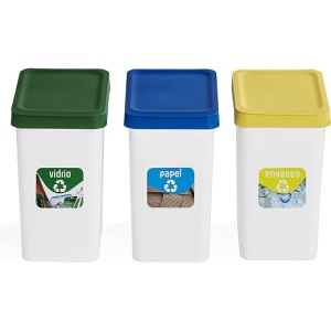 Conjunto de 3 Papeleras de Reciclaje USE FAMILY de 12L. Separación de Vidrio, Papel y Envases. Incluye Pegatinas para Reciclaje. Cubos de Basura Ecológicos de Plástico Reciclable