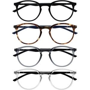 Conjunto de 4 gafas de lectura grandes redondas en negro, marrón y gris claro para hombres y mujeres con bisagras de resorte - Modelo RRRR60-127C de Opulize