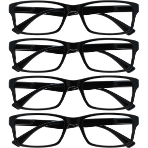 Conjunto de 4 Pares de Gafas de Lectura Negras de Estilo Diseñador para Hombres y Mujeres, Valor Pack con 4 Unidades de +1,50 Dioptrías, Modelo Rrrr92-1, Peso de 88 g