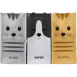 Conjunto de bolsas de reciclaje Meow de Balvi, set de 3 bolsas (43x22x22 cm) Con asas y medida total de 43x66x22 cm en plástico