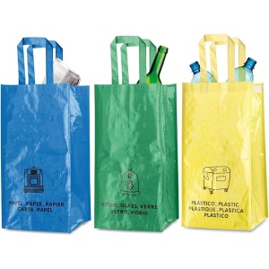 Conjunto de bolsas para reciclar basura, 3 bolsas unidas con velcro, incluye bolsa azul, verde y amarilla para reciclar plástico, vidrio, papel y cartón, resistentes, capacidad...