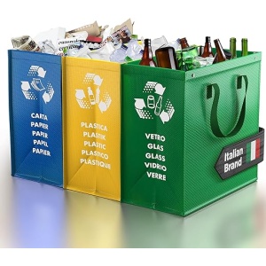 Cubos de reciclaje PTMS® - Juego de 3 Cubos para vidrio, papel y plástico - Bolsas reciclables en colores estándar - Papelera de cocina de fácil vaciado (Edición de Color)