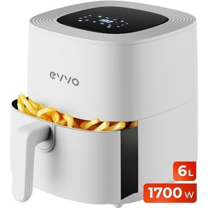 Freidora de aire EVVO de 6L sin aceite, 1700W, Recipiente Antiadherente, Tecnología Dual Cyclone, Multifunción, Hornea, Deshidrata, Descongela, hasta 200º, Apagado Automático