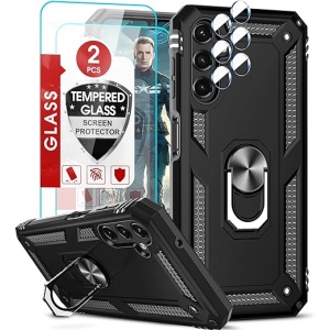 Funda LeYi para Samsung Galaxy A14 4G/A14 5G con 2 protectores de pantalla de vidrio templado y 2 protectores de lente de cámara, carcasa Armor con soporte de anillo 360,...