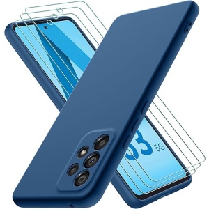 Funda Oureidoo para Samsung Galaxy A53 5G con 3 Cristales Templados, Carcasa de Silicona Suave al Tacto, Resistente a Golpes y con Forro de Microfibra, Color Azul