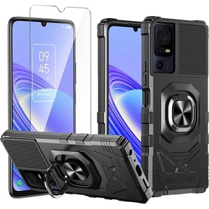 Funda para TCL 40 SE (6.75") con Protector de Pantalla Vidrio Templado y Soporte Giratorio de 360 ° - Carcasa de Doble Capa PC + TPU en Color Negro