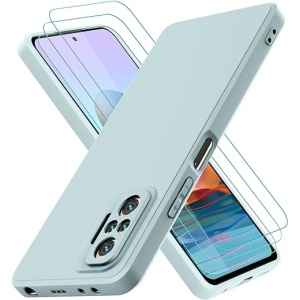 Funda Piel de Silicona Líquida para Xiaomi Redmi Note 10 Pro con 3 Protectores de Cristal Templado, Estuche Resistente a Golpes con Forro Suave