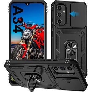Funda protectora WeiCase para Samsung Galaxy A34 5G con Tapa Deslizante para la Cámara, Carcasa con Armadura y Soporte de Anillo Magnético de 360°, Silicona Antigolpes