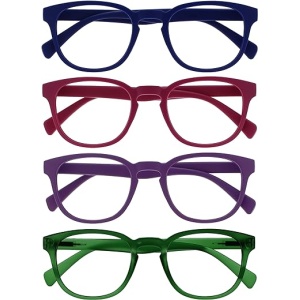 Gafas de Lectura Redondas OPULIZE Pop Pack de 4 en Azul, Rosa Fucsia, Violeta y Verde Musgo Mate Satinado - Bisagras con Muelle, Resistentes a los Arañazos - Unisex - Dioptría...
