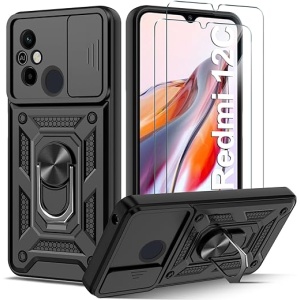 Guisessy Funda Protectora para Xiaomi Redmi 12C/12 C con Cárcasa de Armadura, Cubierta Deslizante para Cámara, Incluye 2 Protectores de Cristal Templado, Anillo de Soporte 360°...