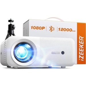 iZEEKER Proyector Portátil con Bluetooth y Trípode, 12000 Lúmenes 1080P Videoproyector, Mini Proyector Cine en Casa para iOS/Android/PC/TV Stick/HDMI/USB/PS5/XBOX