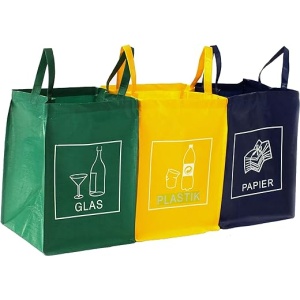Juego de 3 separadores de basura con asa de transporte para papel, plástico y cristal