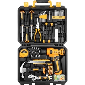 Juego de Herramientas DEKO Completo con Destornillador Eléctrico/Taladro a Batería de 8V, Maletín de 126 Piezas, Caja Profesional de Herramientas Domésticas de Bricolaje para