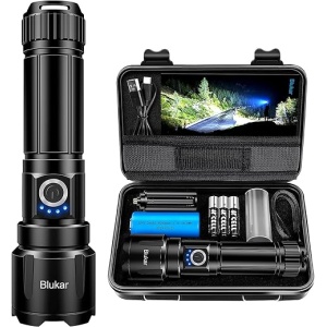 Linterna táctica Blukar LED de alta potencia, recargable con 20000 lúmenes, 5 modos de luz, zoomable, impermeable y portátil para camping, senderismo y actividades al aire libre