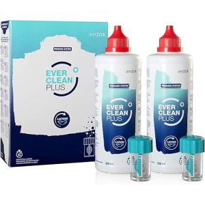 Líquido para lentillas EVERCLEAN PLUS en presentación de 2 botellas de 350 ml + 90 comprimidos