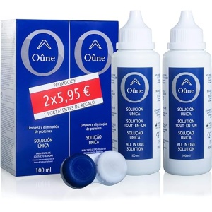 Líquido para lentillas Oûne 2 x 100 ml con portalentes incluido. Solución para mantener limpias y desinfectadas tus lentes de contacto blandas. Ideal para llevar de viaje