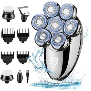 Máquina de Afeitar 5 en 1 para Hombre: Afeitadora Eléctrica para Cabeza con 7 Cabezales Giratorios, Recargable por USB, Impermeable para Uso en Seco y Húmedo, con Pantalla LED