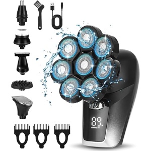 Máquina de Afeitar para Hombre con 6 en 1 Afeitadora Eléctrica para Cabeza Calva, 8 Cabezales Giratorios con Pantalla LED, Resistente al Agua IPX6, Recargable para Afeitado en...